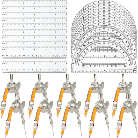 40 Pieces Geometry Math Set Compass for Geometry Math Compass and Protractor Set Include Metal Compass with Pencil Plastic Ruler and Protractor for Student School Office Woodworking Drawing Tools