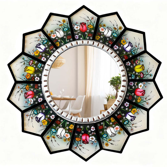 WTVLAX Sunburst Mirror Design Featuring Moroccan Style,2D Pattern 11.8inch Home Decorative Mirror for Living Room Bedroom Entryway The Pattern is Printed (Tulip+Sunburst)