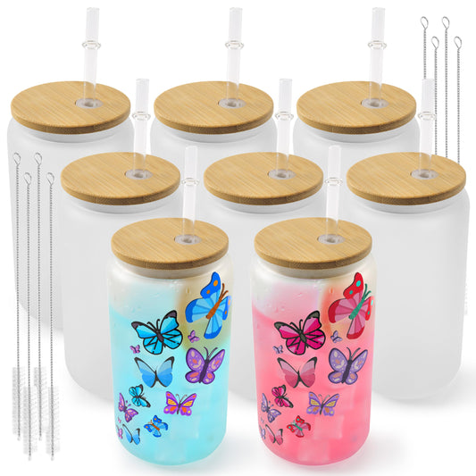 Joyclub 8 Pack Sublimation Blanks Glass Cups with Bamboo Lids and Straws 16 OZ Frosted Glass Beer Cans Mason Jar for Iced Coffee Juice Soda Drinks DIY Gifts