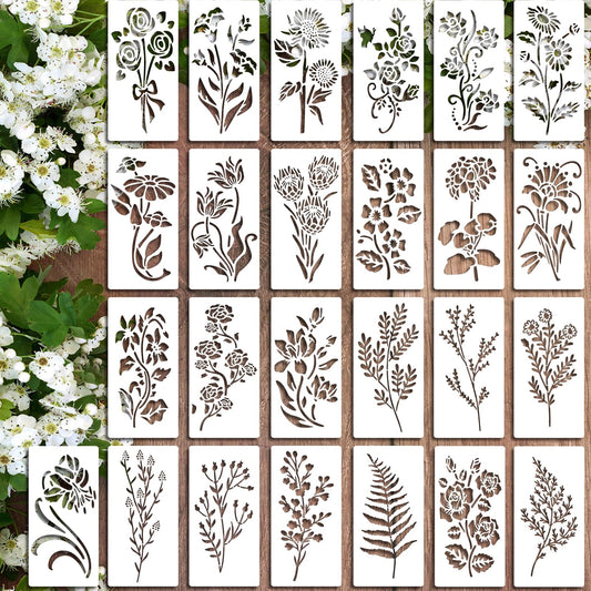 25Pcs Wildflower Stencils Flower Leaf Painting Stencils Botanical Flower Stencils Tiny Vine Leaf Plastic Art Drawing Templates DIY Crafts Plant Stencil for Painting on Wood Wall Door Canvas 3x6inch
