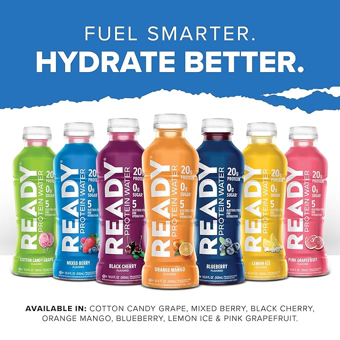 Ready® Protein Water ??20g Whey Protein Isolate, Zero Sugar, Low-Calorie Sports Drink for Hydration & Recovery ??Electrolytes, Essential Amino Acids ??Cotton Candy Grape, 16.9 fl oz Bottles (12-Pack)