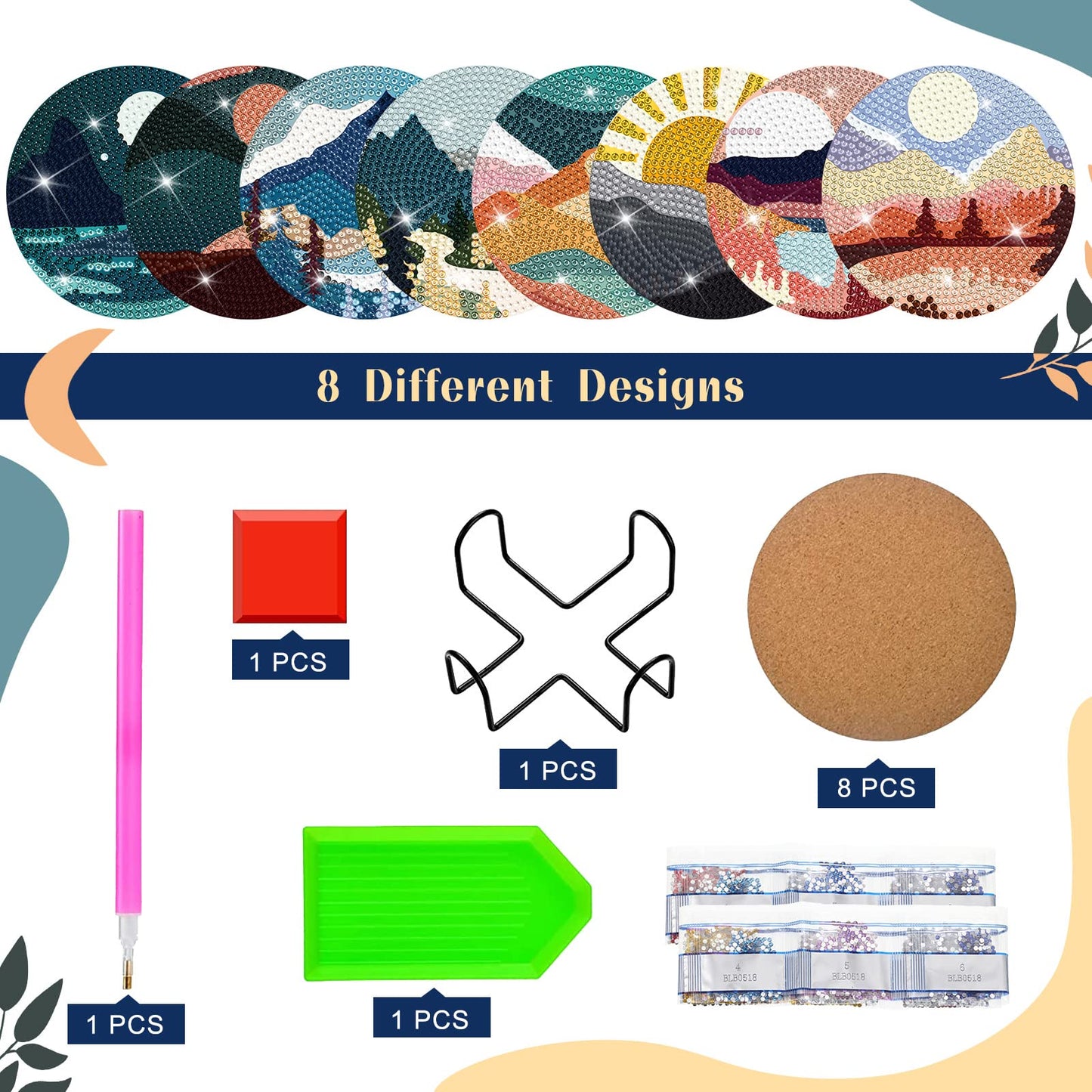 Sunnyray 8 Pcs Diamond Painting Coasters Kits with Holder, Landscape Black Cat Diamond Art Coasters Set Boho Diamonds Dots Painting Kits Adults DIY Art for Drinks Coffee Table(Landscape)