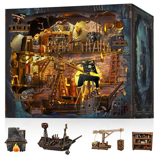 Book Nook Kit - DIY 3D Wooden Puzzle Miniature House with LED Lights - Creative Crafts for Adults - Bookshelf Insert Decor - Educational Gift for Family & Friends（Pirate Bay）