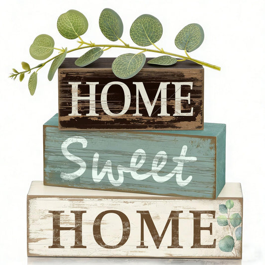 4 Pcs Farmhouse Wooden Tabletop Decor Rustic Home Sweet Home Wood Block Sign Vintage Eucalyptus Leaves Decoration Farmhouse Tiered Tray Decor for Coffee Table Kitchen Shelf Living Room Entryway