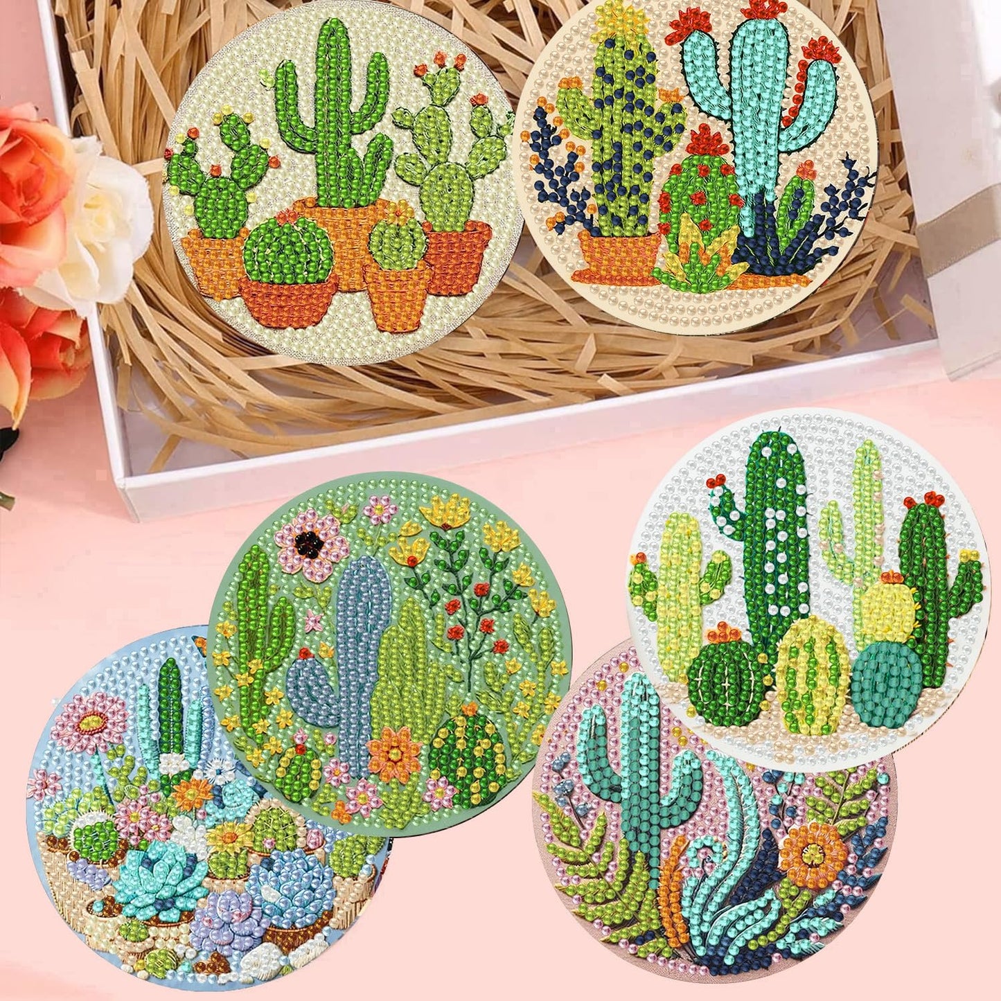 mrpwnle 8 Pcs Cactus Diamond Art Coasters Kit for Adults, Cactus Flowers Diamond Painting Coasters with Holder Cork Pads, DIY Diamond Art Non Slip Coaster Crafts Kits for Adults Beginners Gifts