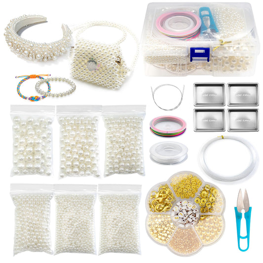 4244Pcs Beading Kit for Beginners,Full Set with 5 Sizes Round Pearl Beads and Gold Spacer Beads and Strings for Jewelry Making,DIY Pearlscent Bracelets/Necklaces/Phone Charm/Key Name Tag/Beaded Strap
