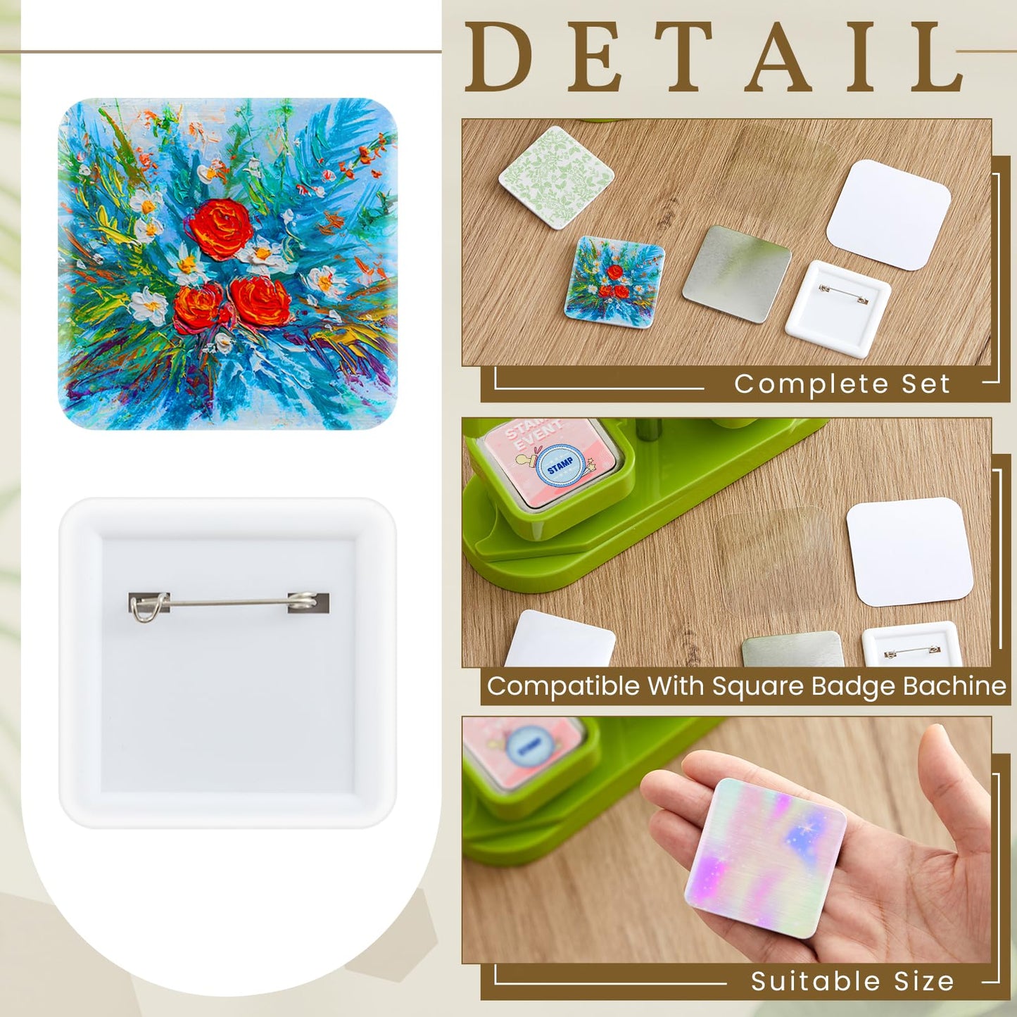 Wavwavw 200 Set 2'' x 2'' Square Pin Button Making Supplies for Square Button Maker DIY Pin Badge Parts Refill (Clear)