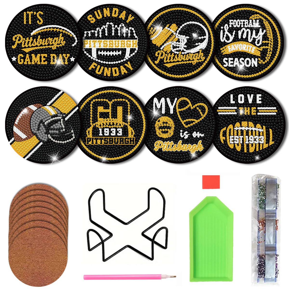 Bartogro 8 Pcs Diamond Painting Coaster Kits, DIY Football Diamond Art Coasters with Holder Sports Diamond Art Crafts Supplies for Pittsburgh Design