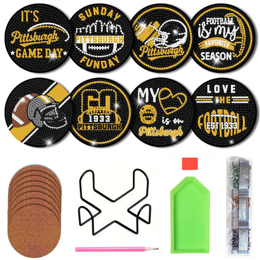 Bartogro 8 Pcs Diamond Painting Coaster Kits, DIY Football Diamond Art Coasters with Holder Sports Diamond Art Crafts Supplies for Pittsburgh Design