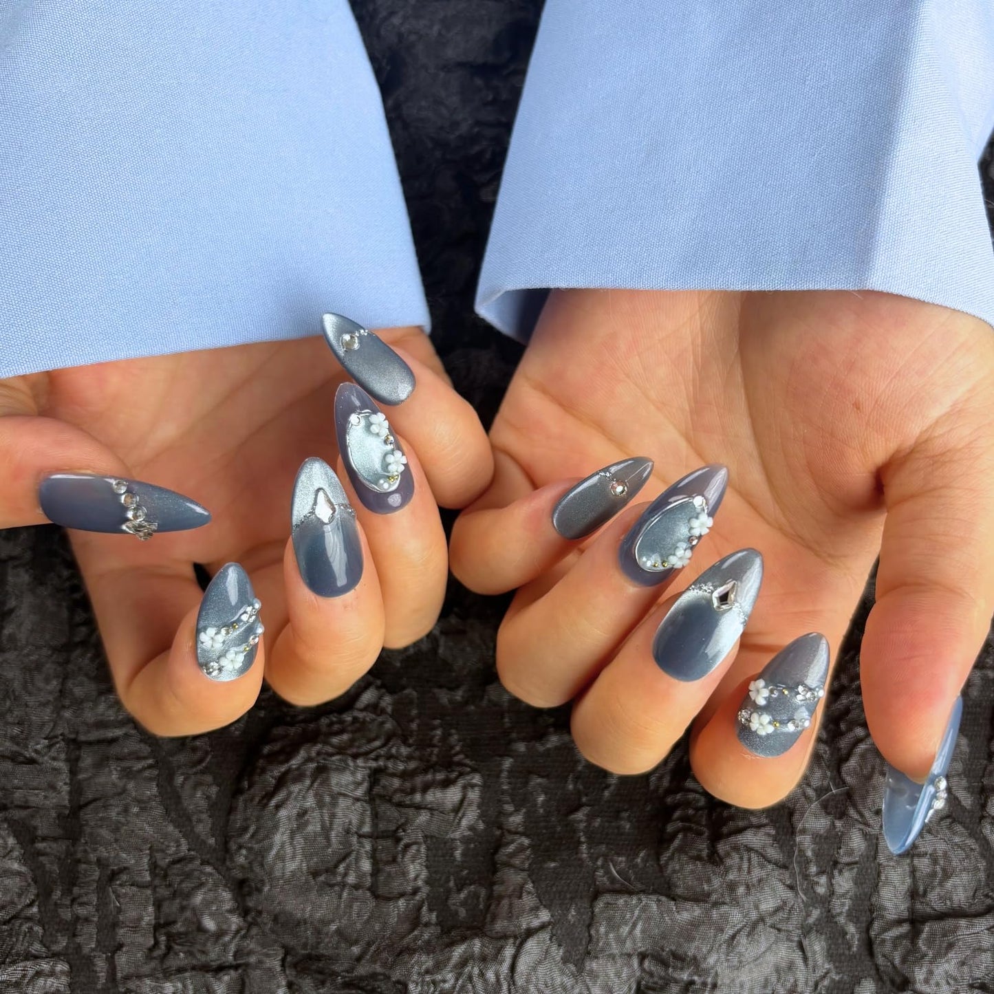 AKA Unicorn Handmade Press On Nails Medium Almond,10Pcs Dark Blue Acrylic Fake Nails,Glue On Nail with The Flower of Growth Charms for Woman Daily Wear&Break Up Party（Design Concept:Lost & Hope）