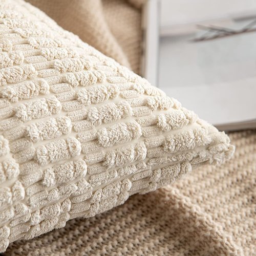 MIULEE Corduroy Throw Pillow Covers - Soft Boho Striped Design | 12x12 Inch Cream White Decor for Sofa & Bed