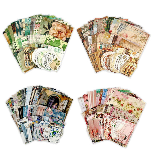400Pcs Vintage Scrapbook Supplies Kit for Adults, Scrapbook Paper and Journaling Stickers Assorted Set, 4 Pack Junk Journal Supplies for Collage, Card Making, Scrap Book, Crafts, Mixed Media