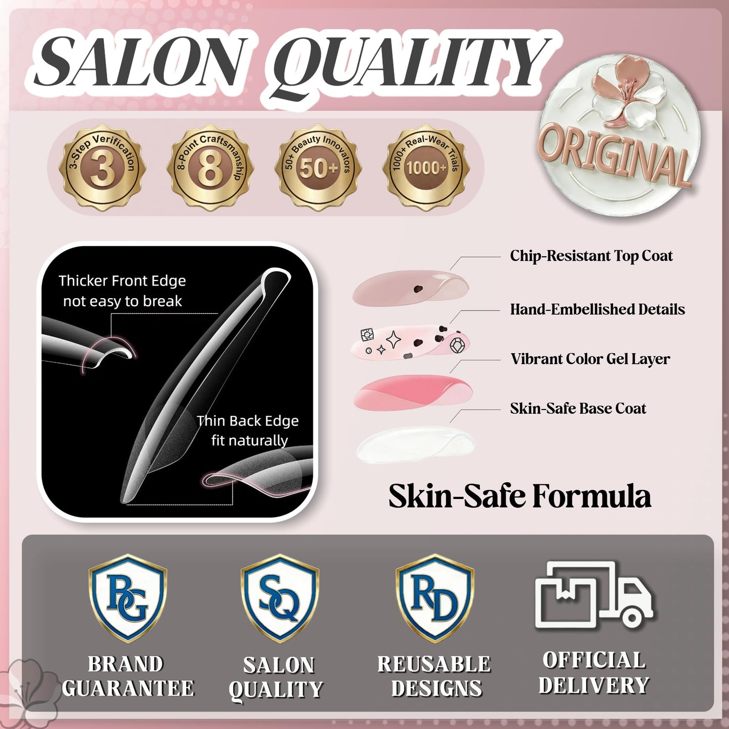 Taoyisent Glitter Ombre Press On Nails Almond Glossy, Pink Floral Fake Nails with Rose Gold Sparkle Design, Reusable Full Cover Stick On Nails for Women Party Wedding Daily Wear, 24PCS