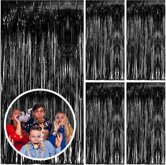 Skiennix 5 Pack Black Party Streamers - Tinsel Foil Fringe Curtains for Halloween & Birthday Decor