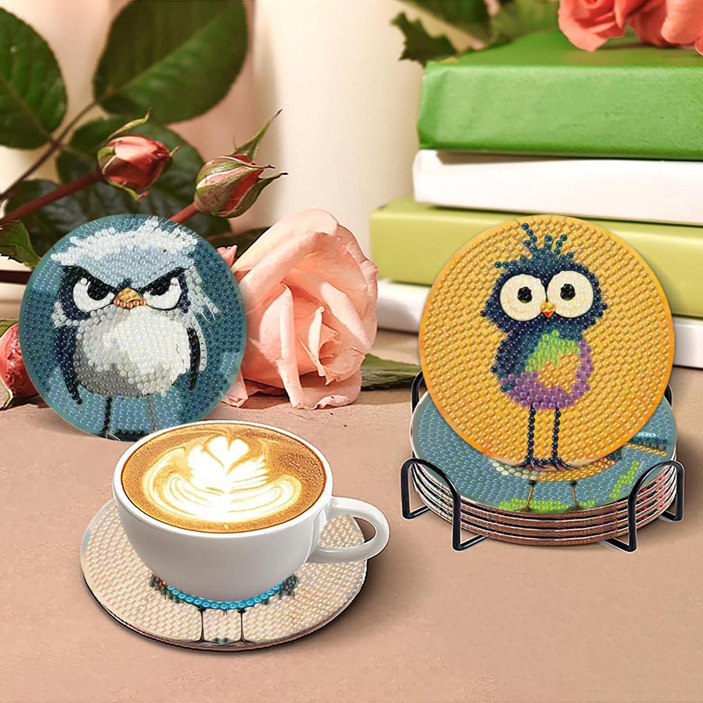 8 Pcs Retro Birds Diamond Art Coasters Kits for Adults with Holder, Cute and Funny Bird Pattern Wooden Diamond Painting Coasters Kits, DIY Diamond Dots Art Painting Coaster Crafts Kit for Home Decor