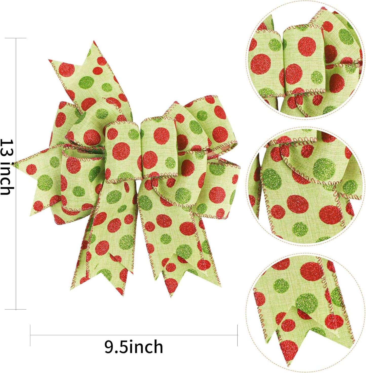 SIMISI Ribbon Christmas Bow - Rustic Green & Red Dots for Wreaths & Holiday Decor | 9.5 x 13 Inch