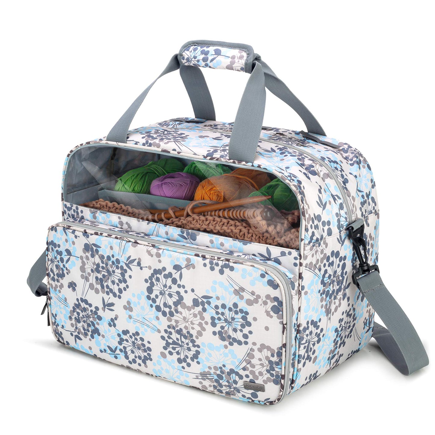 Teamoy Knitting Tote with Inner Dividers for WIP, Yarn Skeins and Knitting Accessories, Yarn Storage Bag with Front Clear Window, Dandelion(Patent Design)