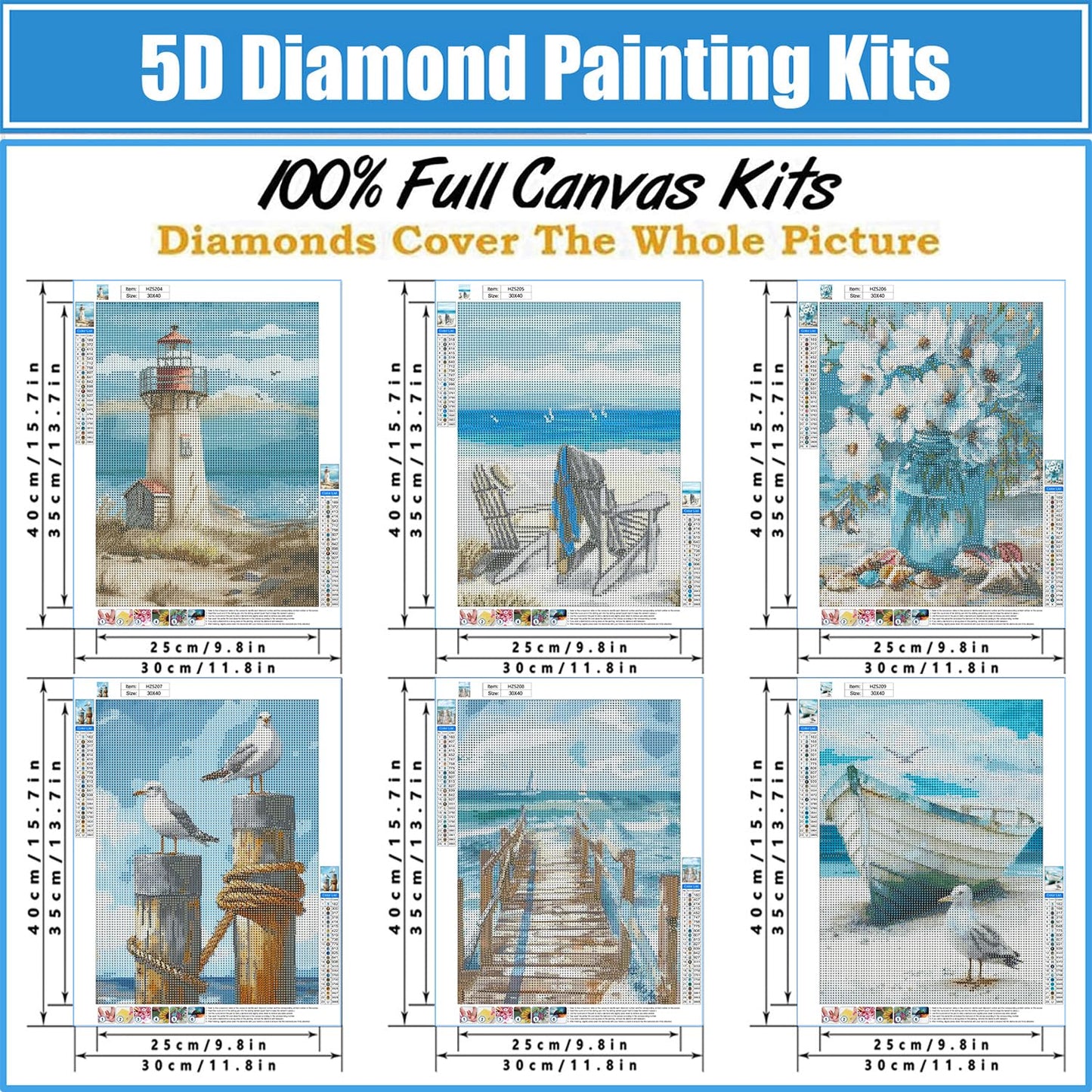 6 Pack Beach Diamond Art Kits for Adults - 5D Lighthouse Diamond Dots Painting Kits for Beginner,DIY Seagulls Round Full Drill Paintings with Diamonds Gem Art for Home Wall Decor Gifts 11.8x15.7inch
