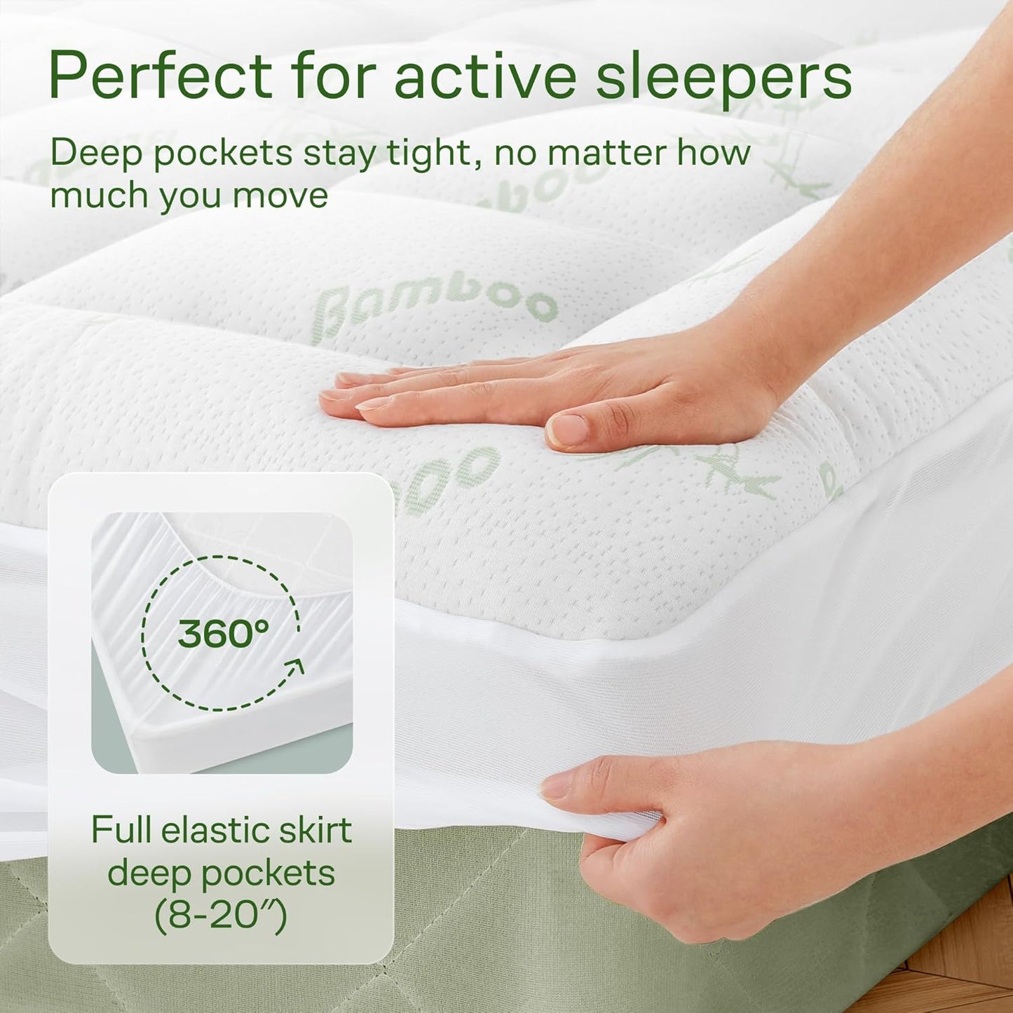 Skiennix Ultra Soft King Size Mattress Topper - Bamboo Viscose Pillow Top for Full Body Support - Naturally Cooling, Green