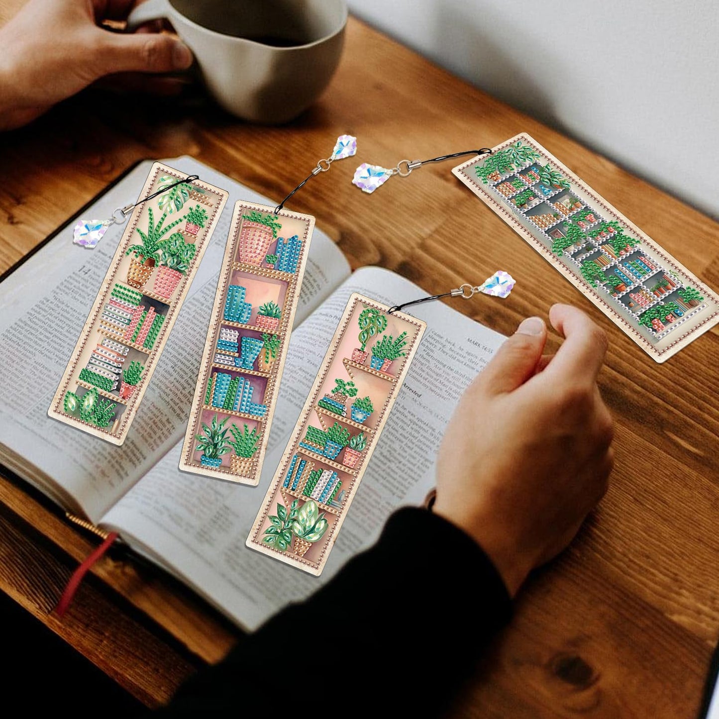 4 Pieces Diamond Painting Bookmarks for Adults Plant Bookshelf Design 5D Rhinestone Art Bookmark Kits Beautiful DIY Diamond Art Bookmarks with Tassels Crafts Gifts Supplies