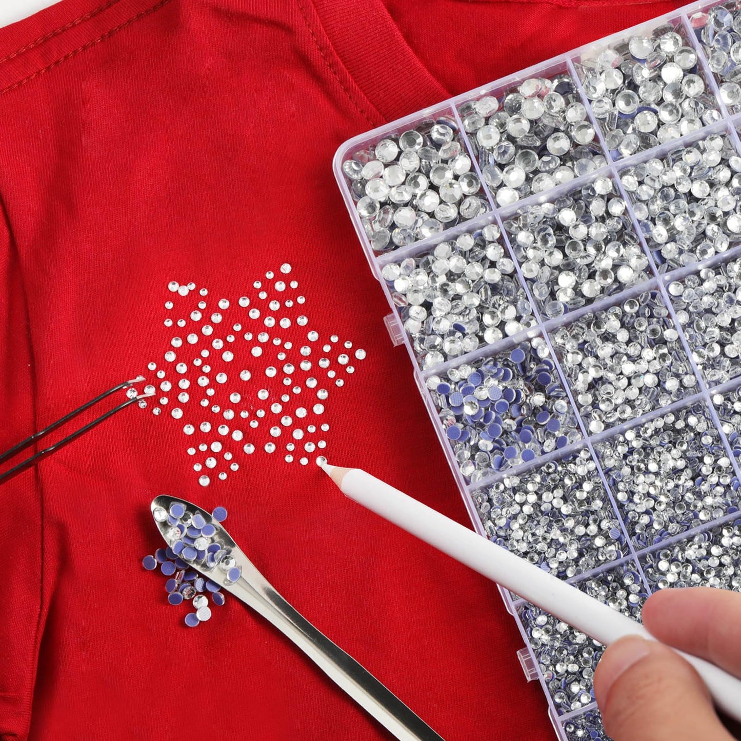 Crystal Hotfix Rhinestones Multi Sizes Kit, 14400 pcs Heat Fix Rhinestone for Bedazzling Clothes Crafts Mixed 5 Sizes with Wax Pencil, Tweezers and Spoon, SS6-SS30, Crystal