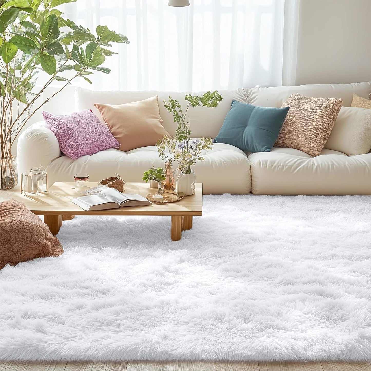 OLANLY Large Area Rug - Soft Fluffy Shaggy Indoor Carpet for Living Room & Bedroom | 8x10, White