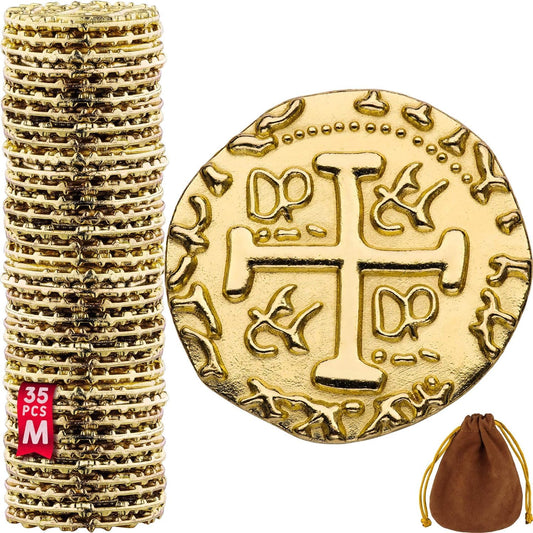 Leib Games Metal Pirate Coins - 35 Gold Treasure Coin Set, Metal Replica Spanish Doubloons for Pirate Party Decorations & Favors, Tokens, Toys, Cosplay - Pirate Treasure Chest, Size 7/8"