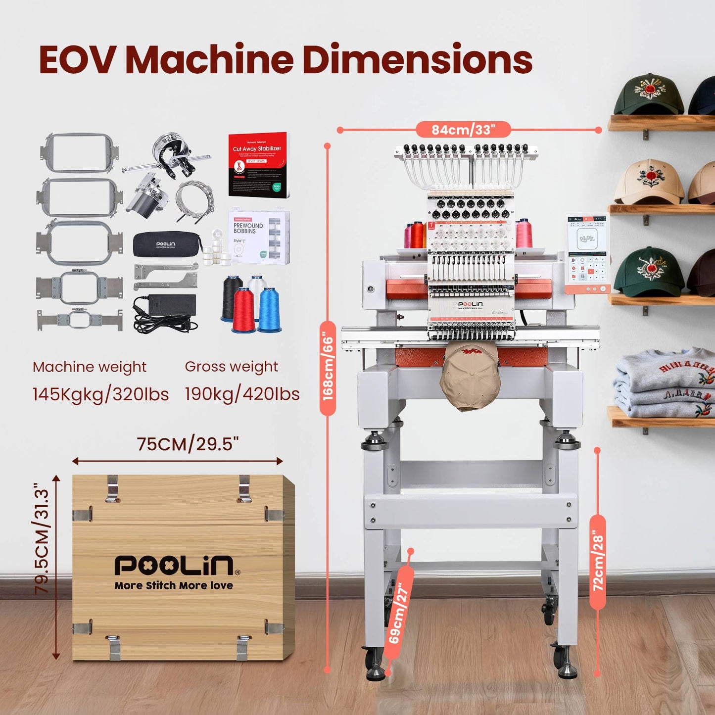 POOLIN EOV 15 Needle Professinoal Hat Embroidery Machine,270° Cap rotation,14.2"x9.5" Large Area,Multi-Needle for Small Business & Home Shop,3D Cap & Hat,Flat Embroidery Avaliable,Built for Business