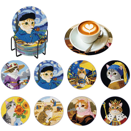 PERFECTSIGHT 8 Pcs DIY Diamond Art Painting Coasters with Holder, Cute Diamond Paint Coaster Kits for Adults, Kawaii Full Drill Diamond Art Craft Paint by Number Non Slip Coaster - Multicolor Cats