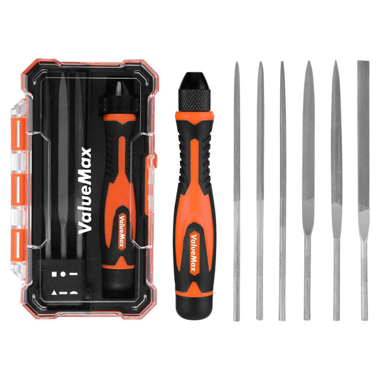 ValueMax 7PCS Interchangeable Needle File Set, Small File Set Includes Flat, Flat Warding, Round, Half-Round, Square, Triangular File and A Handle, Suitable for Shaping Metal, Wood, Jewelry, Plastic