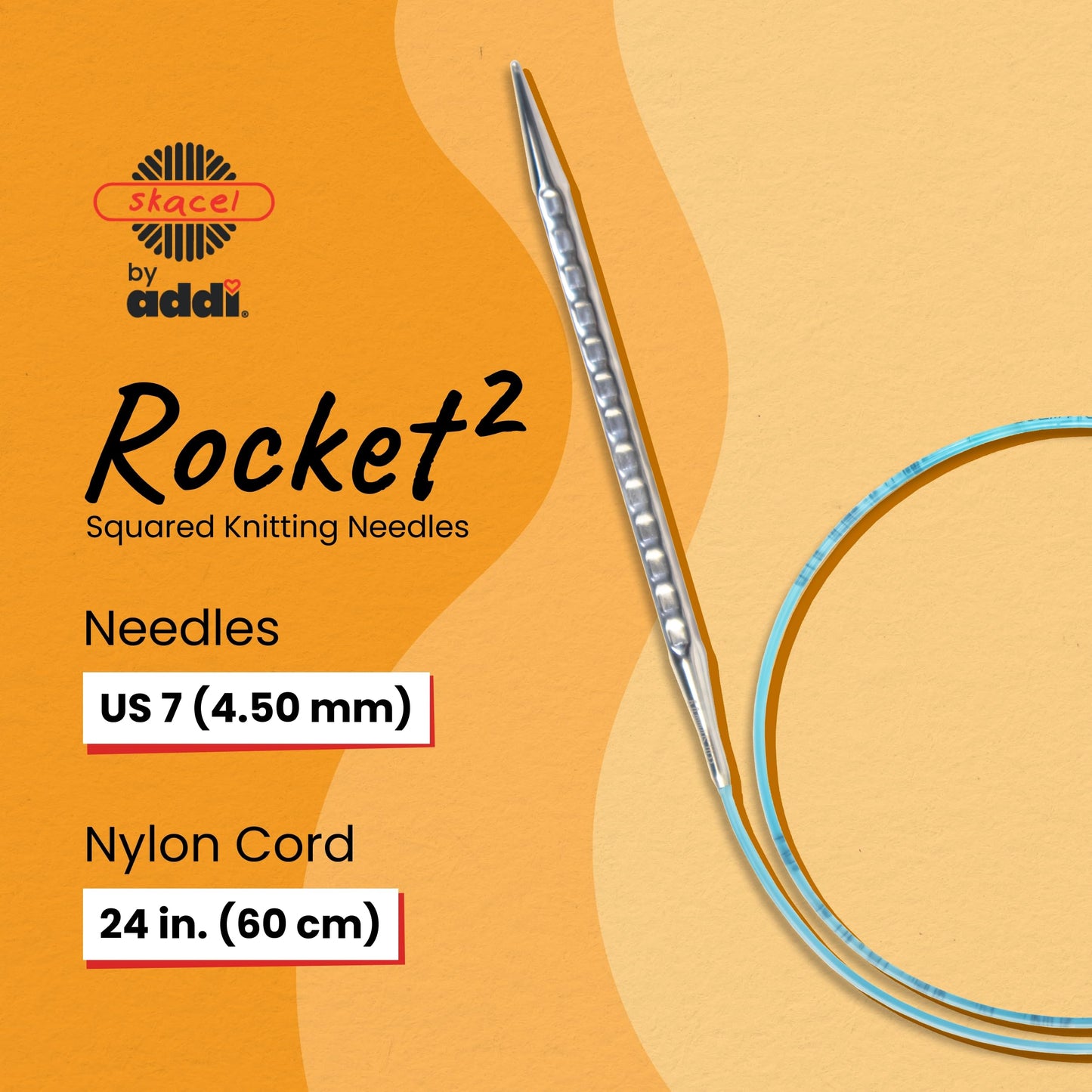 skacel by addi Rocket 2 (Squared) Circular Knitting Needles, Fixed 24 Inch (60 cm) Plated Brass Tips with Flexible Nylon Cord, 4.5 mm (US Size 7)