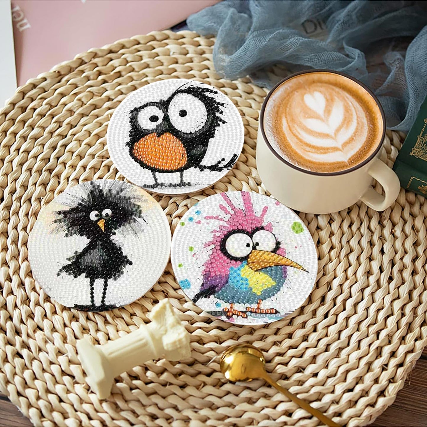 8 Pcs Retro Birds Diamond Art Coasters Kits for Adults with Holder, Cute and Funny Bird Pattern Wooden Diamond Painting Coasters Kits, DIY Diamond Dots Art Painting Coaster Crafts Kit for Home Decor