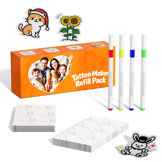 TATTMUSE Tattoo Maker Refill Pack, 40Pcs Tempoary Tattoo Paper for Thermal Tattoo Makers, Custom Tattoo Sticker 2”x 3", 4 Color Markers, DIY Craft Kit for Birthday, Parties, Festival, Girls, Boys