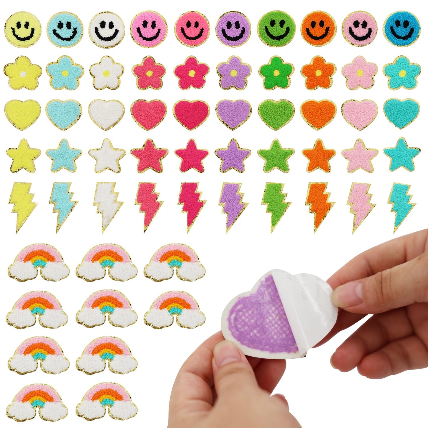 60 Pcs Self Adhesive Chenille Patches, Cute Stick on Colorful Heart Lightning Rainbow Sticker Patches for Clothing Fabric Backpacks Hat