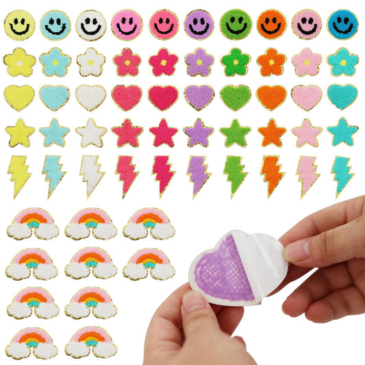 60 Pcs Self Adhesive Chenille Patches, Cute Stick on Colorful Heart Lightning Rainbow Sticker Patches for Clothing Fabric Backpacks Hat