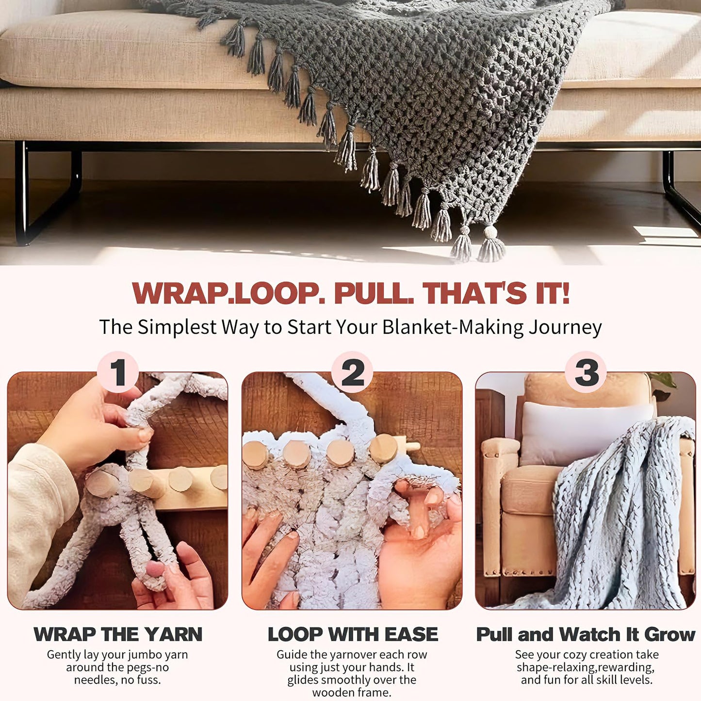 46 Inch Chunky Knitting Blanket Loom - Wooden Knitting Loom Frame for Hand, Thick Yarn Knitting Tools for Beginner, Foldable and Portable Chunky Blankets Extra Large Loom