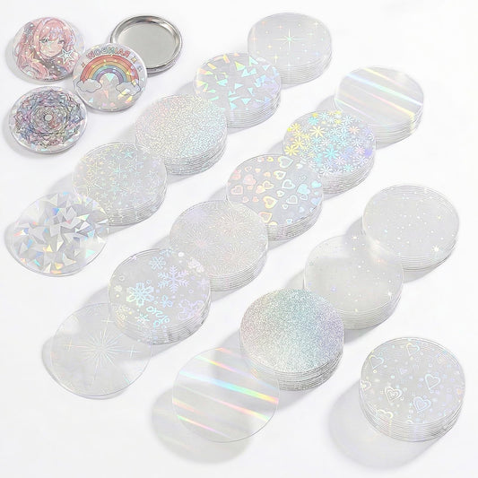 DAWZMR 390 Pcs Holographic Badge Film (13 Styles), Glitter Button Making Supplies for 2.25 Inch 58mm Machine, Round Badge Protective Film (Stars, Hearts, Broken Glass)