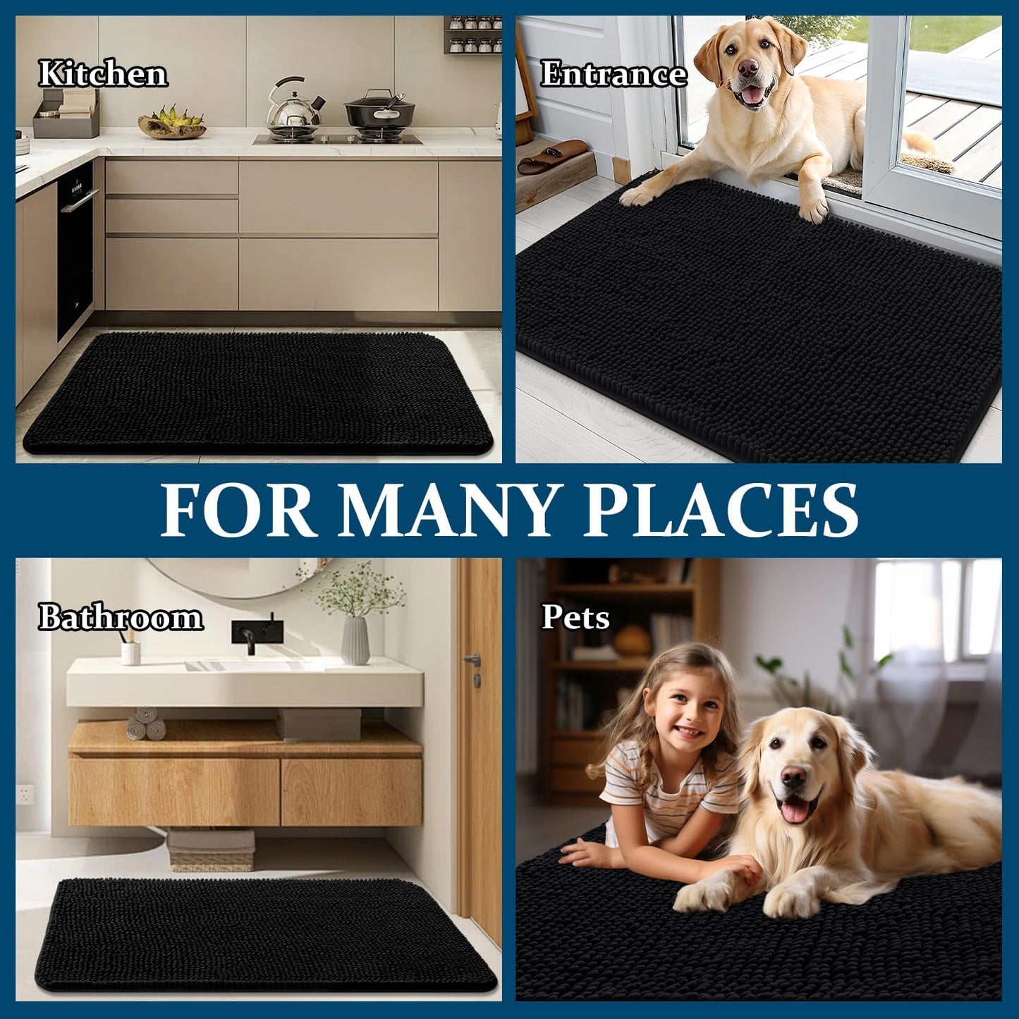 OLANLY Dog Door Mat - Absorbent Non-Slip Washable Chenille Mat for Muddy Paws | 32x20 Inches, Black