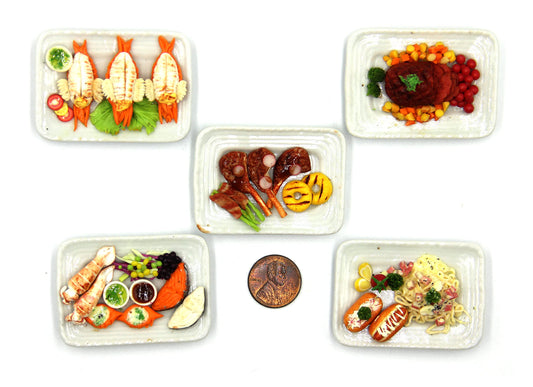 Lovely Mixed 5 Assorted Grilled, Steak, with Appetizer Dish Dollhouse Miniature Food, Tiny Food for Collectibles, Compatible with Barbie Dollhouse and Diorama Scale 1:6, 1/6