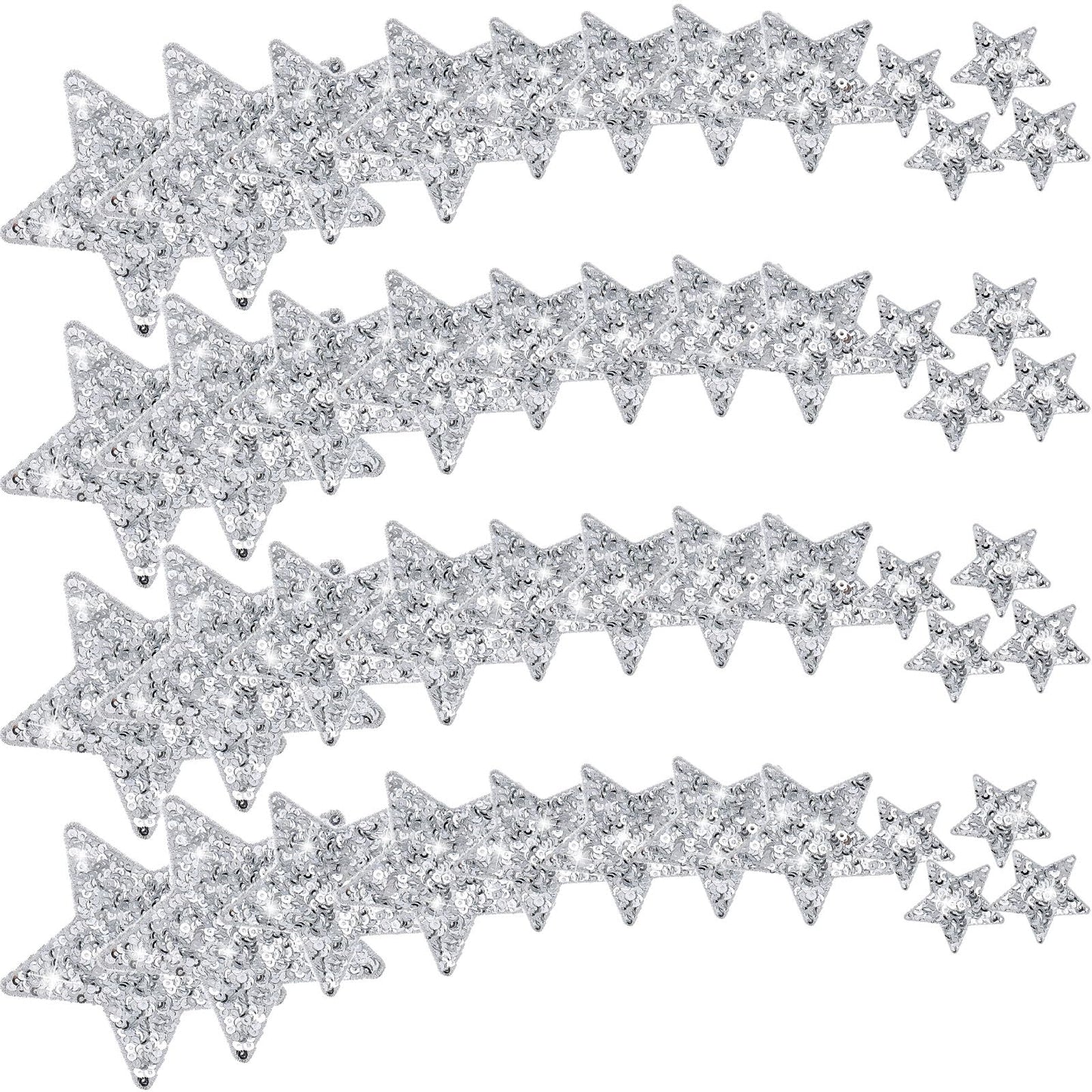 Giegxin 48 Pcs Star Sequin Patches in 4 Sizes Iron on Shiny Patches Embroidered Decorative Appliques for Hats Bags Jackets Jeans Backpacks Costume Clothing Accessory(Silver)