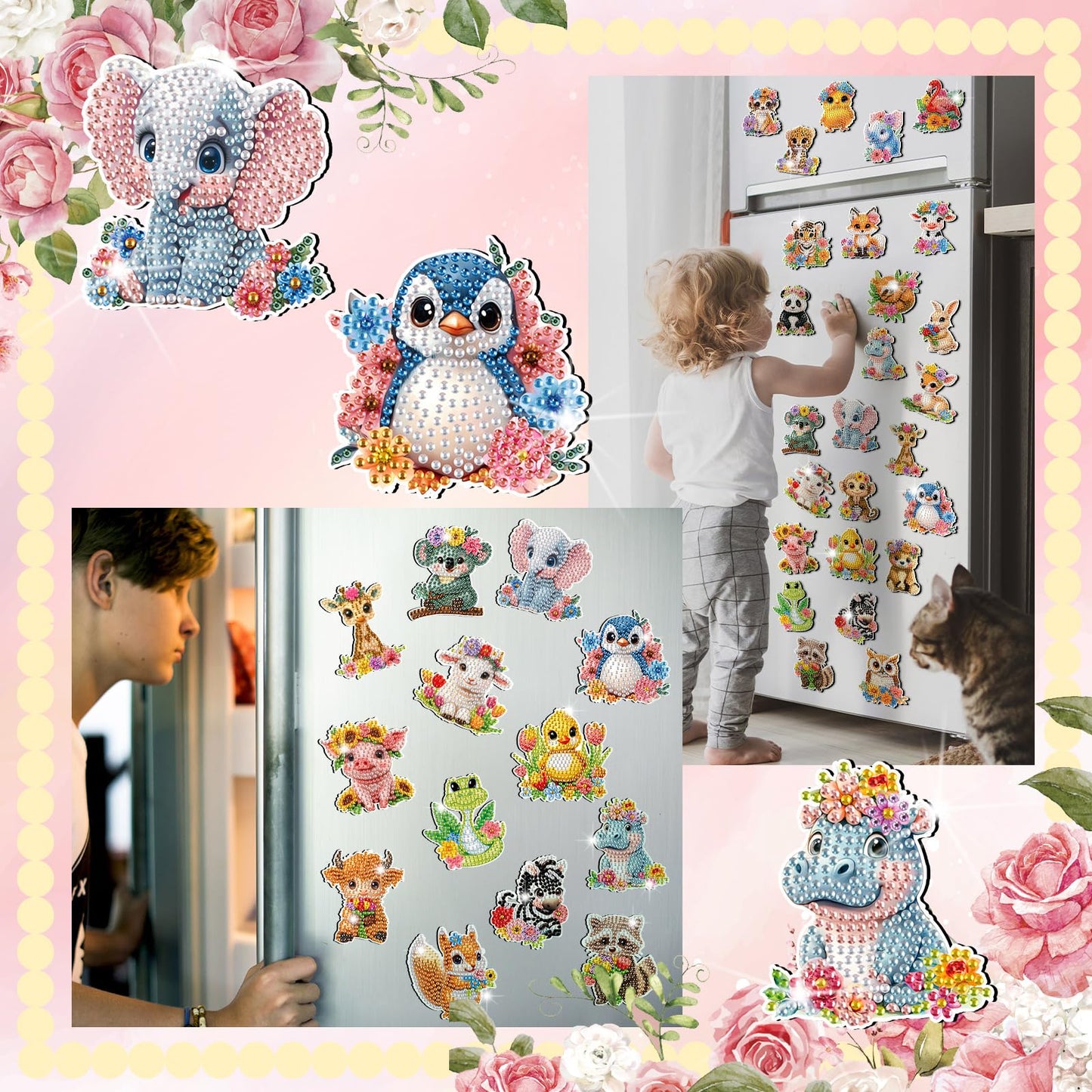 Xuhal 30 Pcs Spring Animal Diamond Painting Magnets Watercolor Flower Animal Diamond Art Magnet Kits for Adults 5D Rhinestone Elephant Tiger Refrigerator Magnetic Sticker for DIY Crafts Fridge Gifts