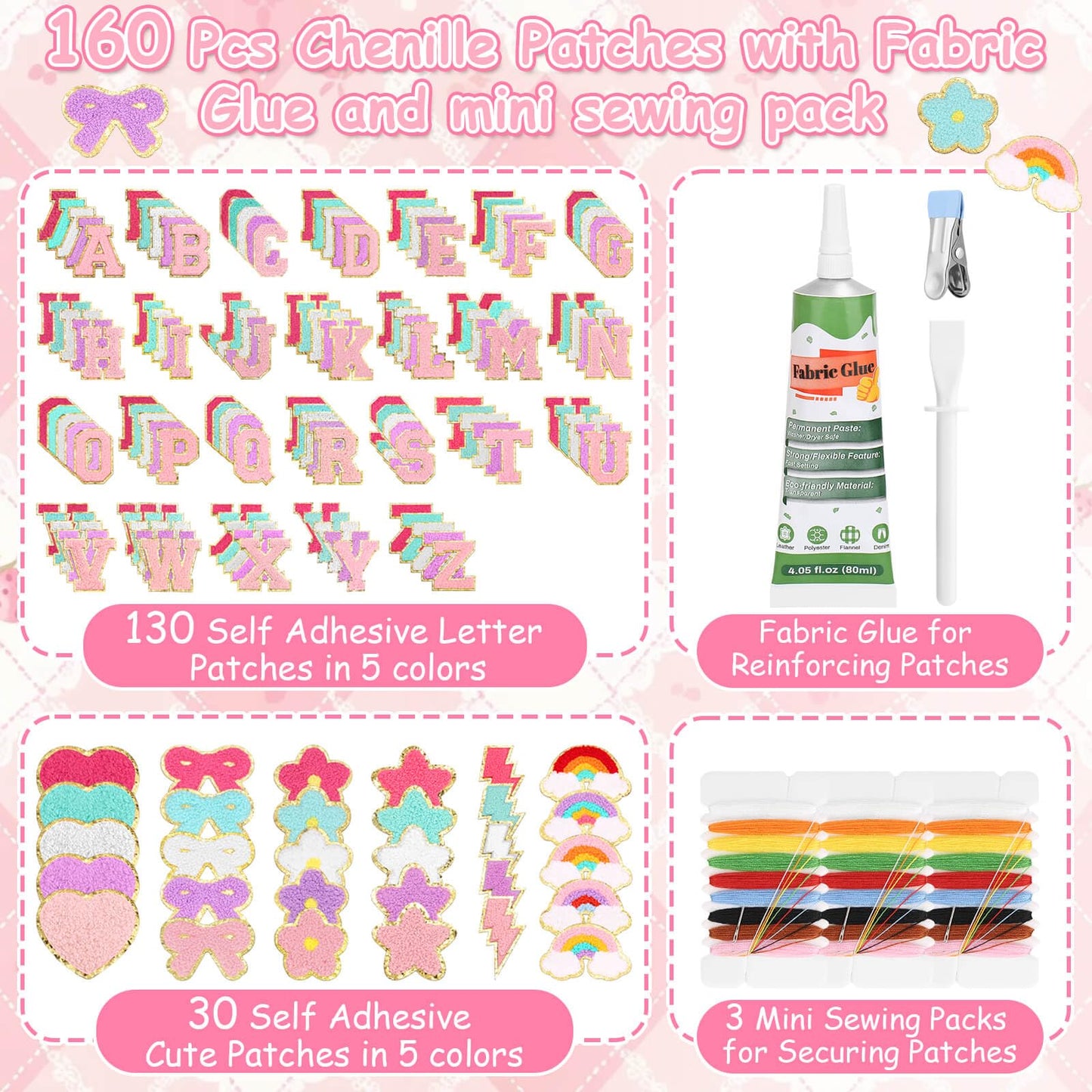 Mckanti 160 Pcs Chenille Patches and Fabric Glue for DIY Clothing, Include 130 A-Z Letter Patches, 30 Cute Patches and 1 Fabric Glue for Clothes, Backpacks, Bags