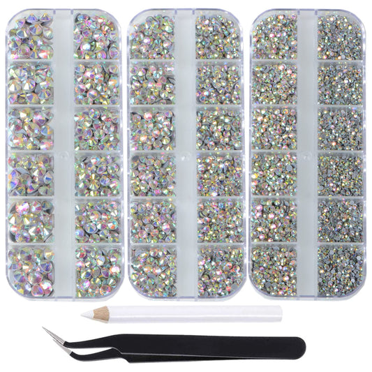 Massive Beads 6500pcs+ Flatback Glass Hotfix Iron On Rhinestones Crystal for DIY Making with 1 Tweezer & 1 Picking Pen for Shoes, Clothes, Face Art, Bags, Manicure (Crystal AB, 6-Sizes)