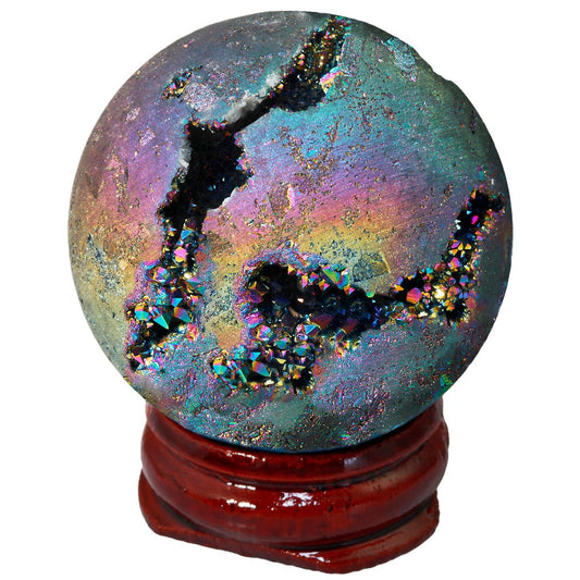SUNYIK Rainbow Titanium Coated Druzy Geode Sphere Ball,Crystal Quartz Agate Ball,Healing Sculpture Figurine for Easter Day