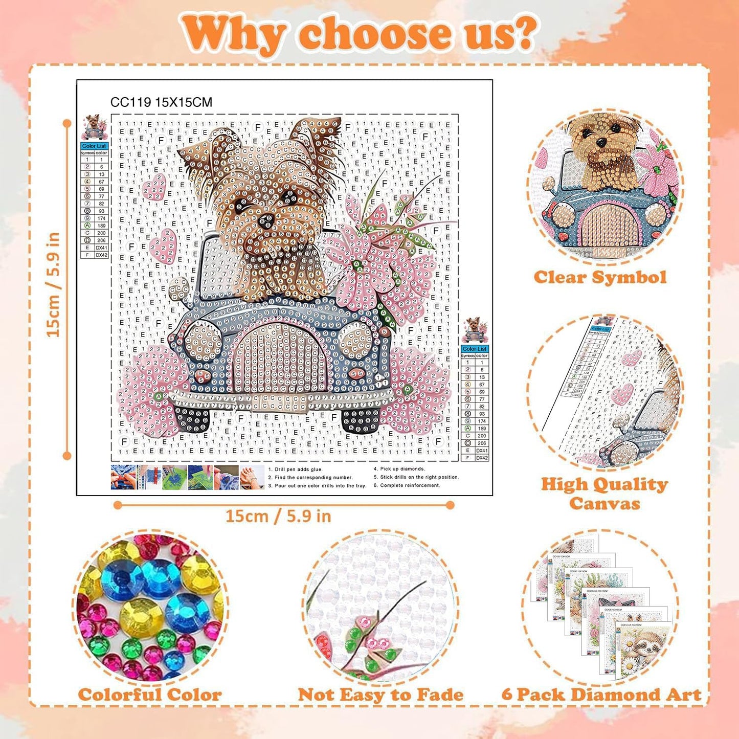 ajepon 6 Pack Animal Diamond Art Kits for Kids, Cute Animals Diamond Art for Kids Ages 8-12, Cat Dog Turtle Sloth Giraffe Owl Diamond Painting Kits for Kid for Gift Home Wall Decor (6x6inch)