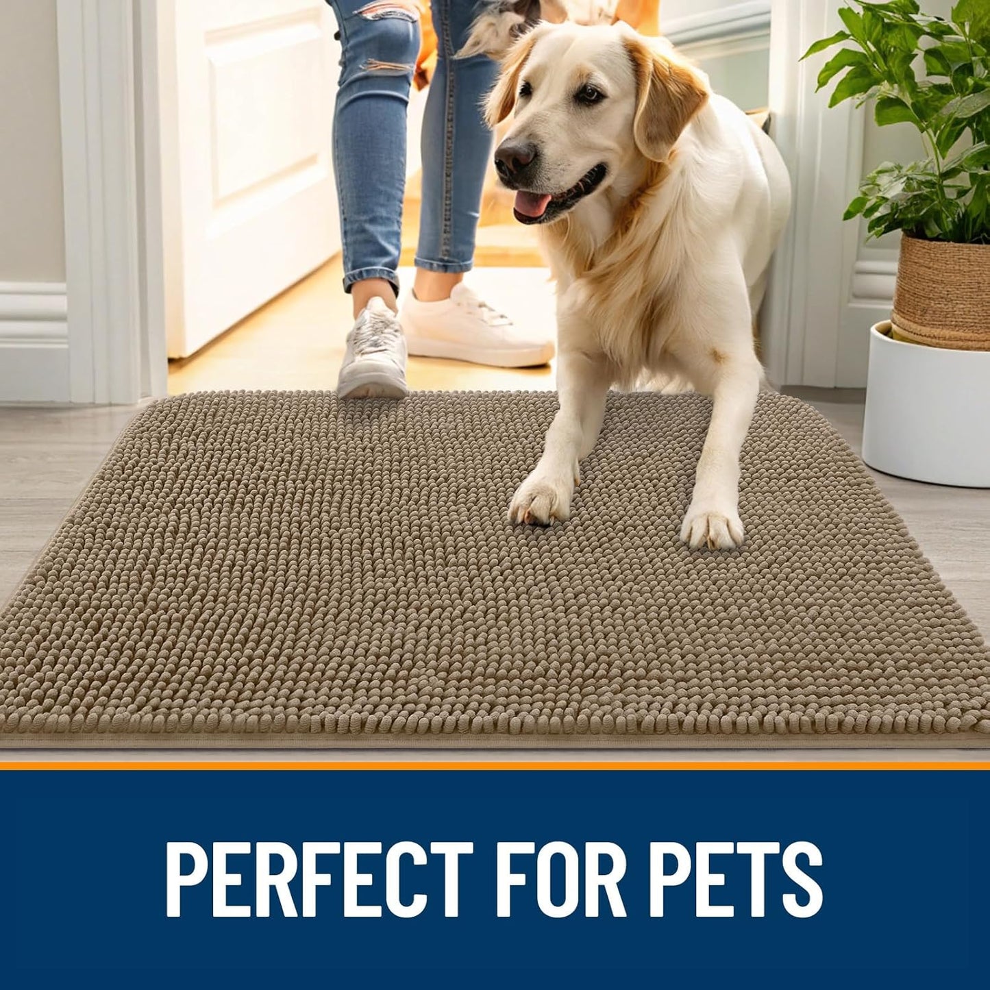 OLANLY Dog Door Mat - Absorbent Non-Slip Chenille for Muddy Paws | 70x24 Inches, Quick Dry Tan Doormat