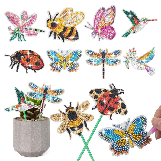 SWATOM 10PCS Diamond Art Kits for Adults for Garden Decor with Butterfly, Hummingbird, Ladybug, Bee, Dragonfly Stakes Diamond Painting Dotz Ornaments Kits for Indoor Outdoor Yard Decoration Crafts