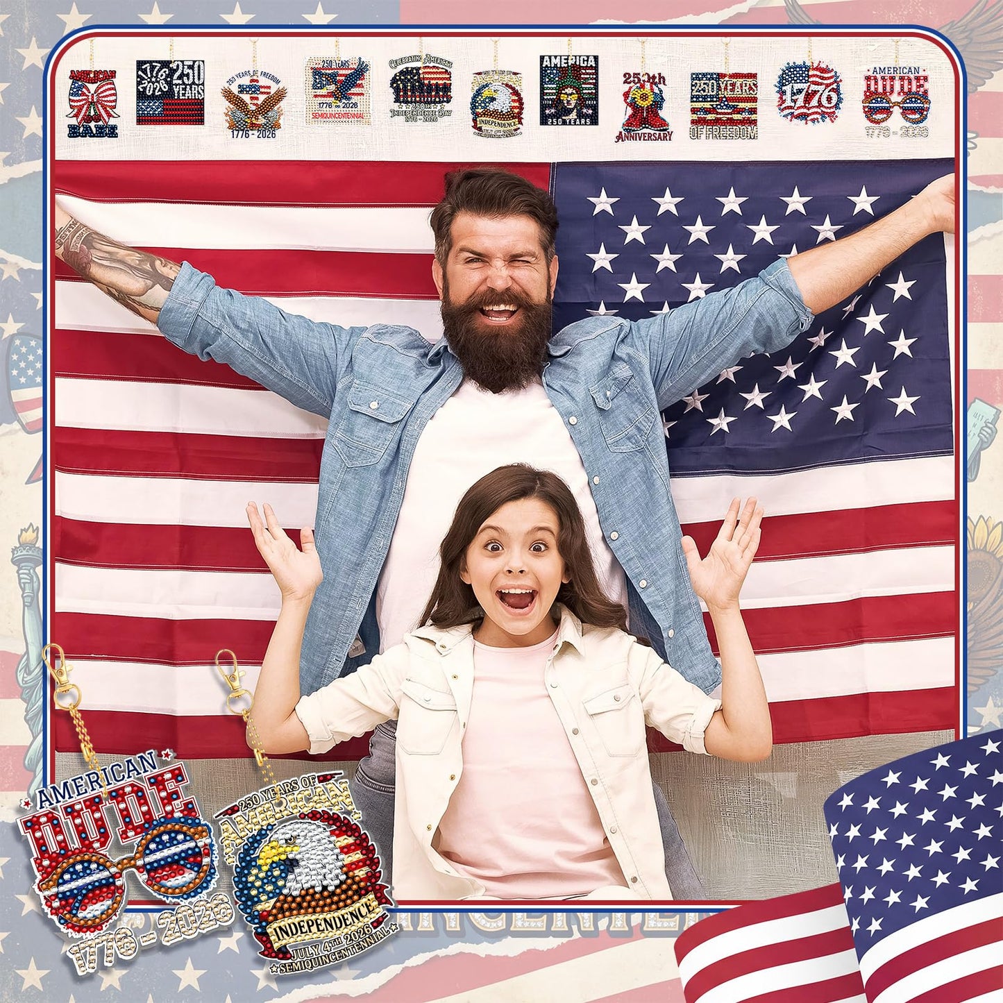 BBTO 20 Pcs Patriotic Diamond Art Keychains Patriotic 250th Anniversary Eagle Ornaments 4th of July Memorial Day Painting Keychains Red White Blue Independence Day Diamond Art Kits for Kids Adults