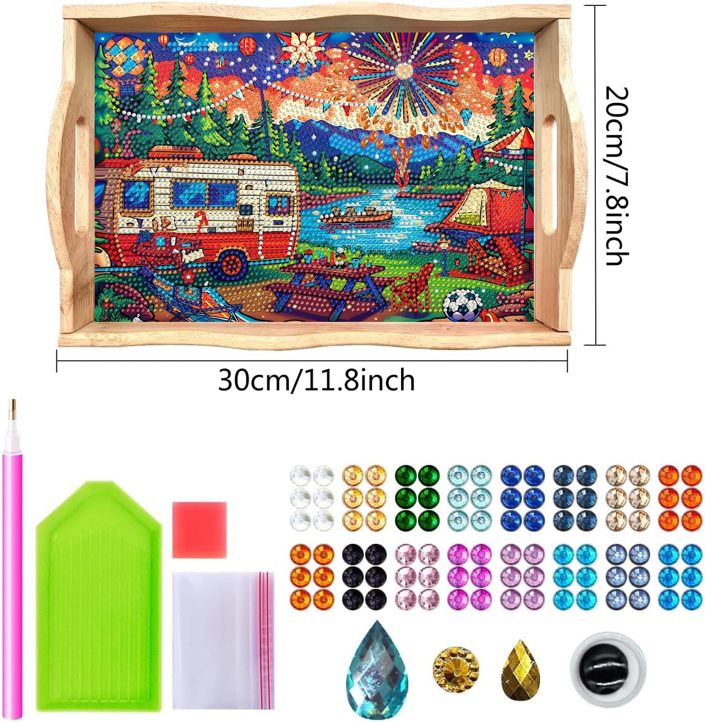 DOTSOPS 5D Diamond Art Kits for Adults Wooden Serving Tray with Handle Special Diamond Painting Plate Big Gem Dots Paint by Numbers Crafts Kits for Living Room Carnival 7.8x11.8 Inches