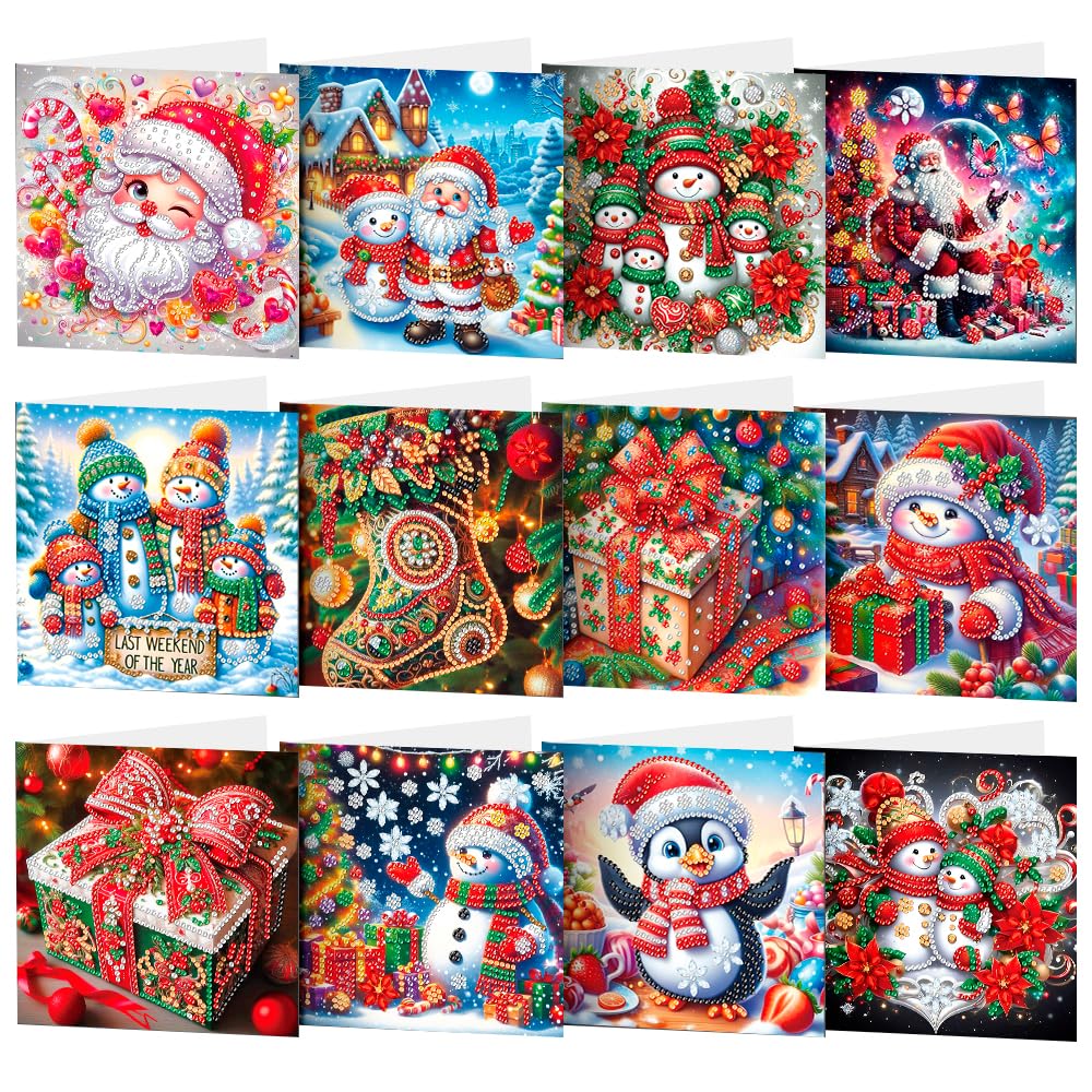ACSAUMMY Diamond Art Painting Christmas Cards, 12 Pack DIY 5D Diamond Greeting Cards Kits for Adults Diamond Xmas Greeting Cards with Envelopes Gem Christmas Gifts for Families, Friends, Partners